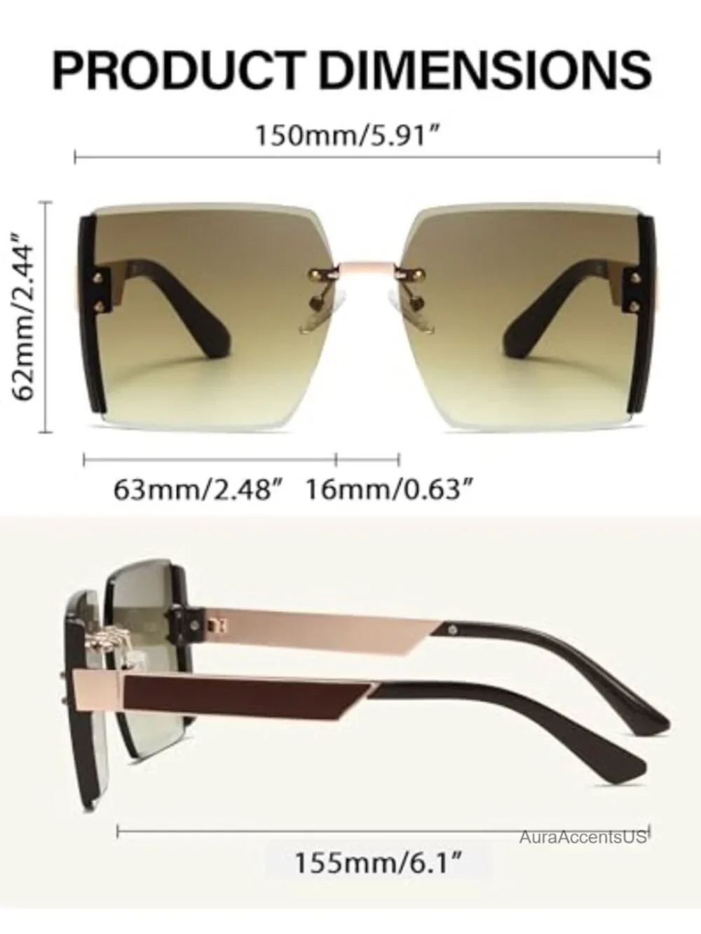 Oversized Rimless Square Sunglasses UV400 Protection Gradient Lens